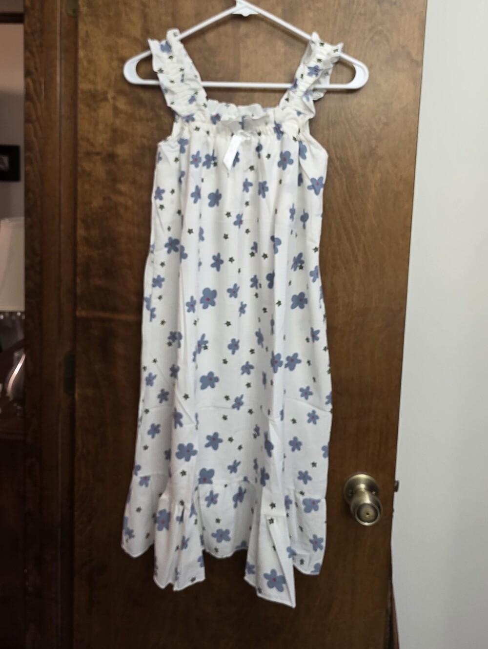 Promise White Midi Dress with Blue Floral Print and Ruffle Straps